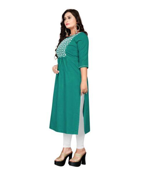 Generic Women's Cotton Embroidery Straight Kurti (Turquoise Green) - Image 4