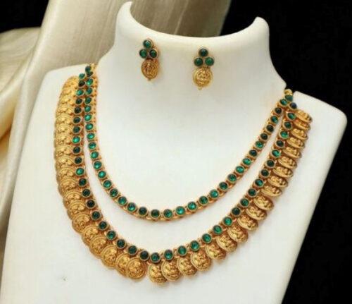 Generic Women’s Ethnic Double Line Laxmi Coin Jewellery Set (Green, Free Size)