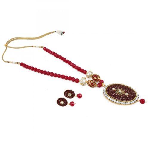 Generic Women’s Stylish Maroon Golde Plated Traditional Kundan Necklace Set with Earrings (Color: Red)