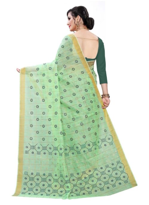 Women’s Cotton Blend Saree(Parrot Green ,5-6Mtrs)