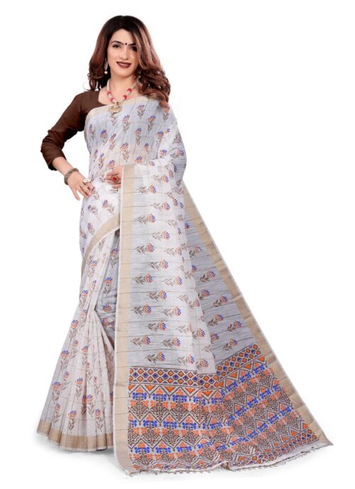 Women’s Cotton Blend Saree(White ,5-6Mtrs)