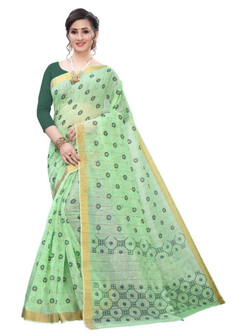 Women’s Cotton Blend Saree(Parrot Green ,5-6Mtrs)