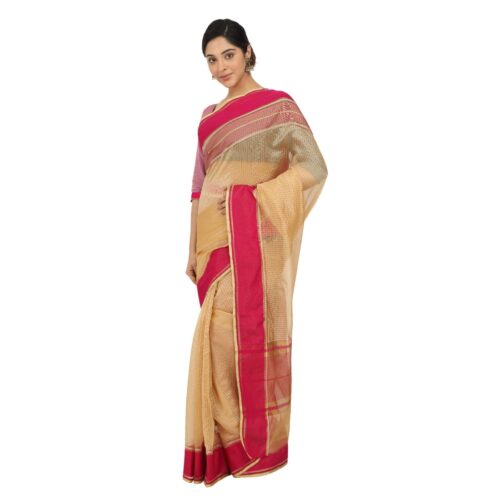 Women's Silk Cotton Saree With Blouse (Beige, 5-6 Mtrs) - Image 4