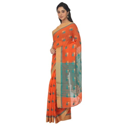 Women's Cotton Silk Saree With Blouse (Orange, 5-6 Mtrs) - Image 4