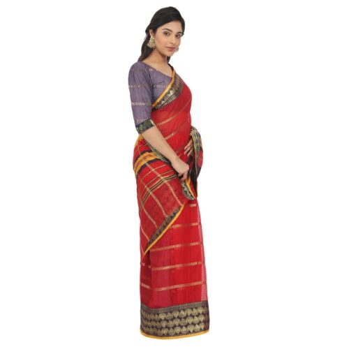 Women's Cotton Silk Saree With Blouse (Red, 5-6 Mtrs) - Image 3