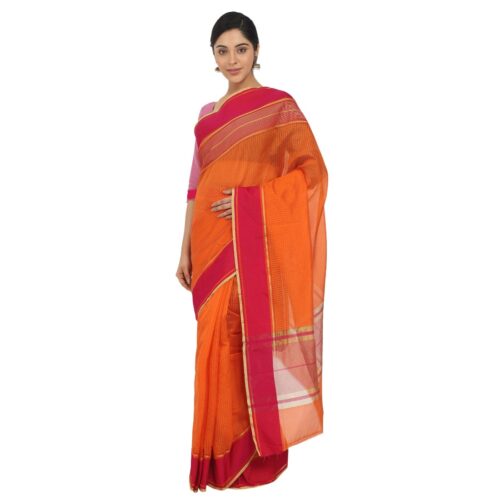 Women's Silk Cotton Saree With Blouse (Orange, 5-6 Mtrs) - Image 4