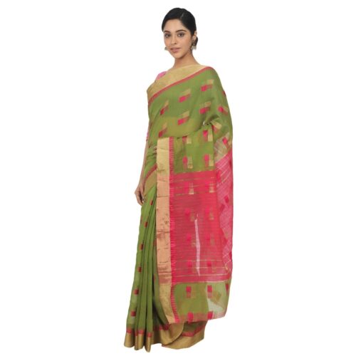 Women's Cotton Silk Saree With Blouse (Green, 5-6 Mtrs) - Image 4