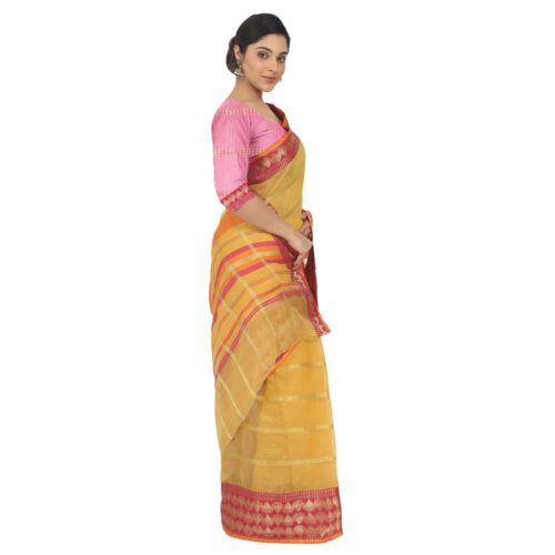 Women's Cotton Silk Saree With Blouse (Yellow, 5-6 Mtrs) - Image 3