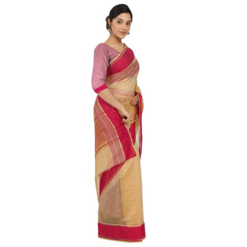 Women's Silk Cotton Saree With Blouse (Beige, 5-6 Mtrs) - Image 3