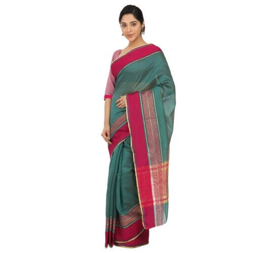 Women's Silk Cotton Saree With Blouse (Turquoise green, 5-6 Mtrs) - Image 4