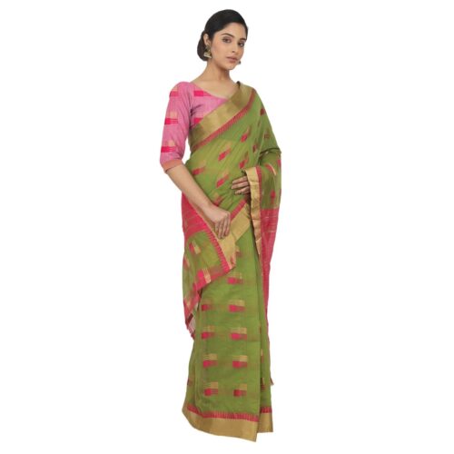 Women's Cotton Silk Saree With Blouse (Green, 5-6 Mtrs) - Image 3