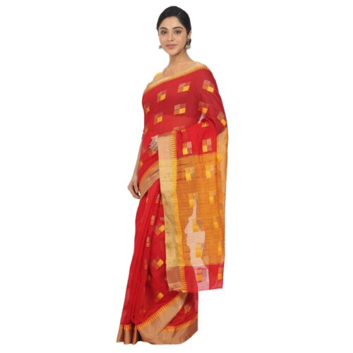 Women's Cotton Silk Saree With Blouse (Orange, 5-6 Mtrs) - Image 4