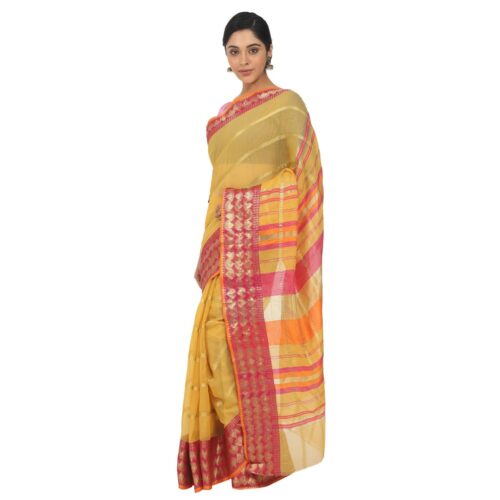 Women's Cotton Silk Saree With Blouse (Yellow, 5-6 Mtrs) - Image 4