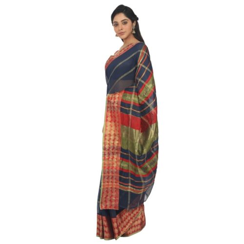 Women's Cotton Silk Saree With Blouse (Navy Blue, 5-6 Mtrs) - Image 4