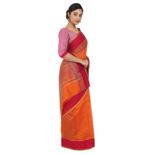 Women's Silk Cotton Saree With Blouse (Orange, 5-6 Mtrs) - Image 3