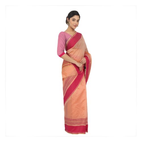 Women's Silk Cotton Saree With Blouse (Light Orange, 5-6 Mtrs) - Image 3