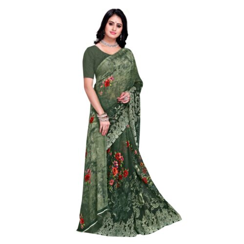 Women's Faux Georgette Saree With Blouse (Green, 5-6Mtrs) - Image 3