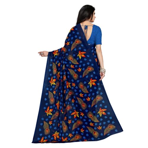 Women's Faux Georgette Saree With Blouse (Blue, 5-6Mtrs) - Image 4