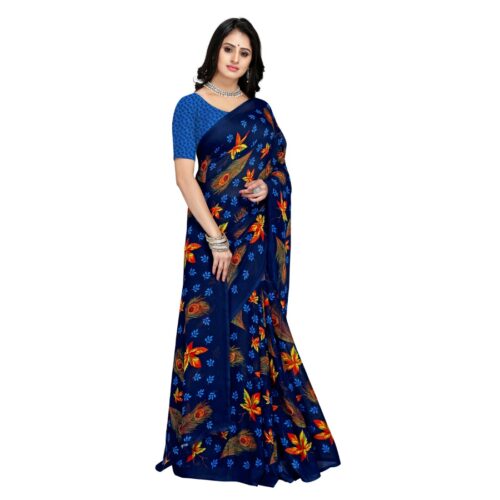 Women's Faux Georgette Saree With Blouse (Blue, 5-6Mtrs) - Image 3