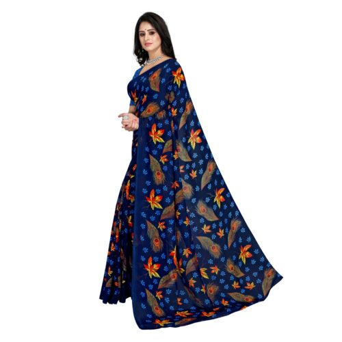 Women's Faux Georgette Saree With Blouse (Blue, 5-6Mtrs) - Image 5