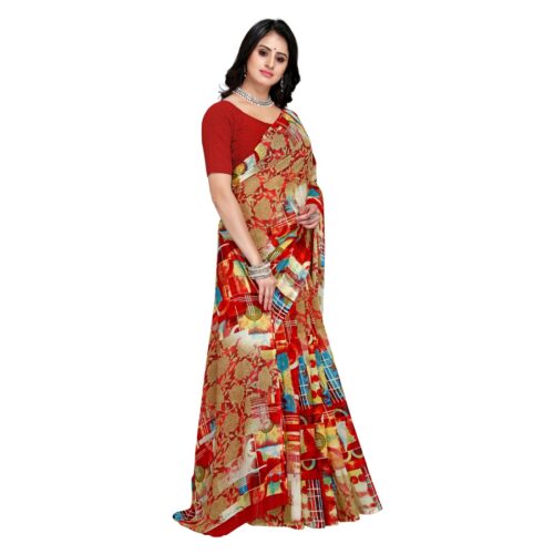 Women's Faux Georgette Saree With Blouse (Red, 5-6Mtrs) - Image 3