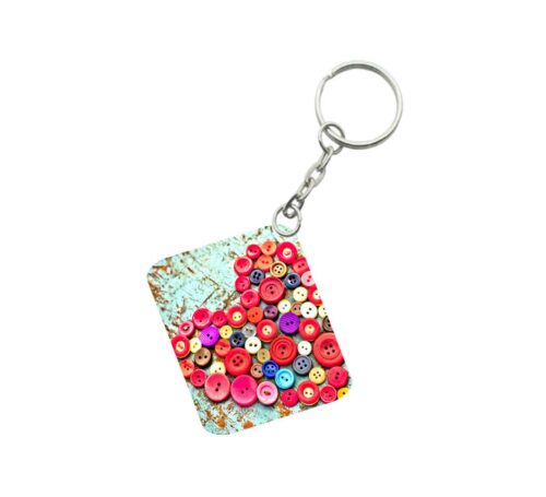 Pack Of 3_ Heart Shape Decorated With Buttons One Side Printed Rectangle Designer Keychain (Multi Color)