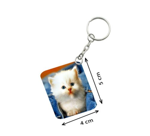 Pack Of 3_ White Cat One Side Printed Rectangle Designer Keychain (White)