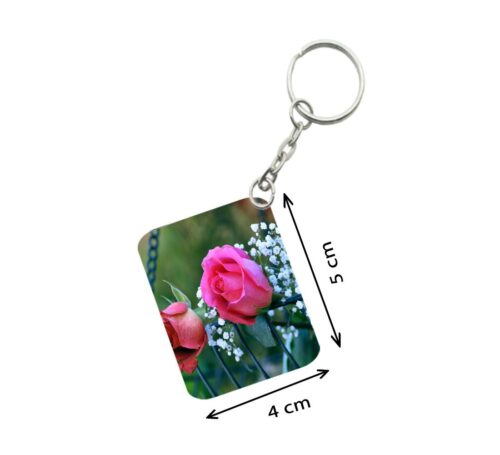 Pack Of 3_ Pink Rose One Side Printed Rectangle Designer Keychain (Pink)