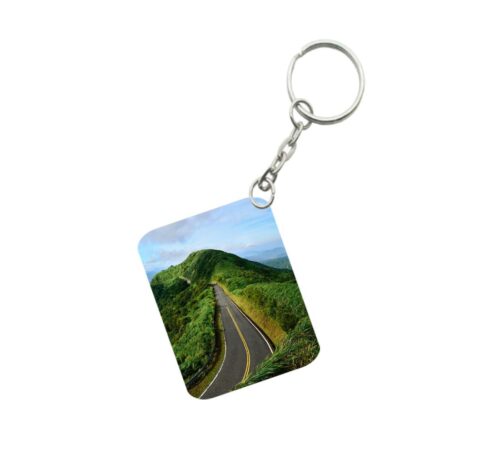 Pack Of 3_ Landscape Mountains Road Green One Side Printed Rectangle Designer Keychain (Green)