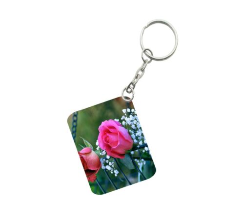 Pack Of 3_ Pink Rose One Side Printed Rectangle Designer Keychain (Pink)