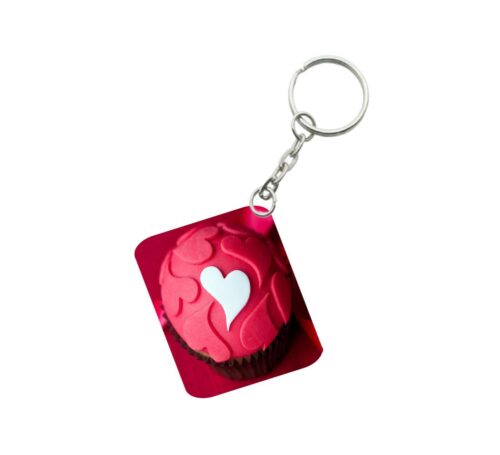 Pack Of 3_ Cake Shape Pink Heart One Side Printed Rectangle Designer Keychain (Red)