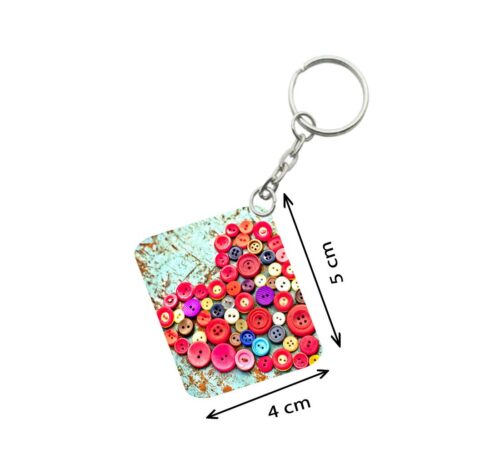 Pack Of 3_ Heart Shape Decorated With Buttons One Side Printed Rectangle Designer Keychain (Multi Color)