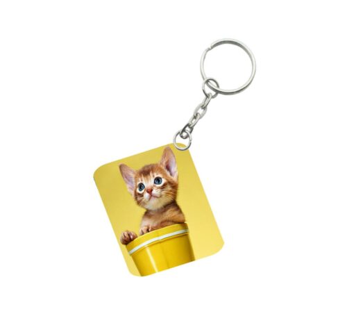 Pack Of 3_ Yellow Cup With Cat One Side Printed Rectangle Designer Keychain (Yellow)