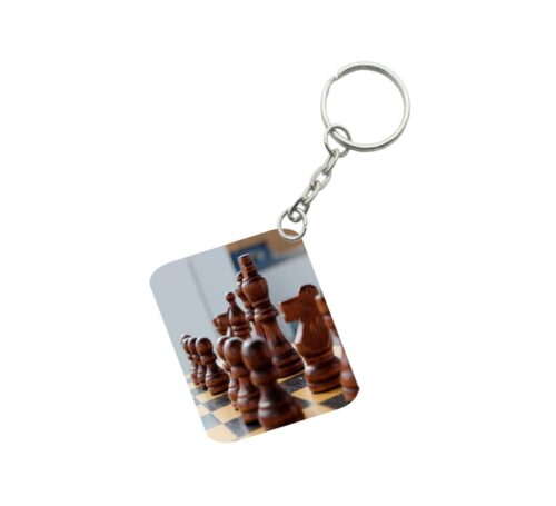 Pack Of 3_ Chess Set One Side Printed Rectangle Designer Keychain (Brown)