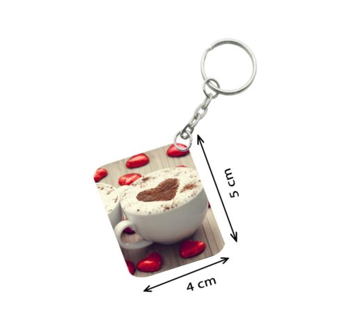 Pack Of 3_ Cup Of Coffee With Heart-Shaped Froth One Side Printed Rectangle Designer Keychain (White)