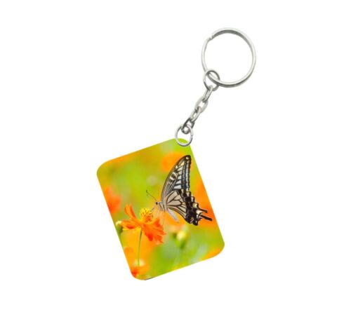 Pack Of 3_ Orange Flower With Butterfly One Side Printed Rectangle Designer Keychain (Orange)