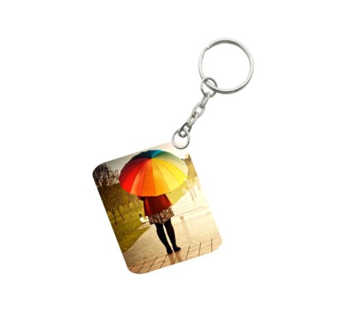 Pack Of 3_ Girl Under Umbrella One Side Printed Rectangle Designer Keychain (Multi Color)