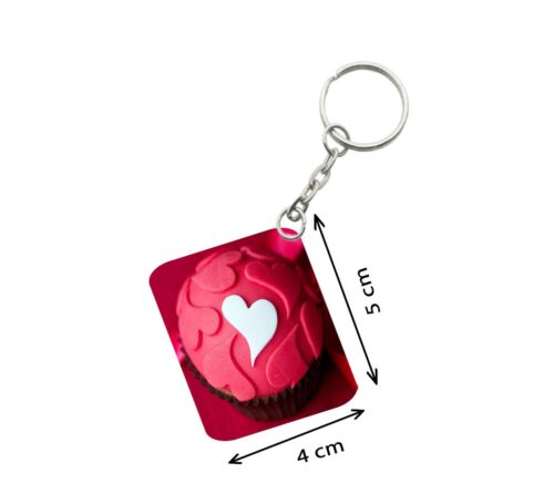 Pack Of 3_ Cake Shape Pink Heart One Side Printed Rectangle Designer Keychain (Red)