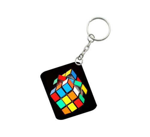 Pack Of 3_ Rubiks Cube One Side Printed Rectangle Designer Keychain (Multi Color)