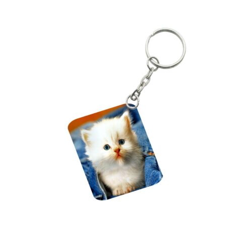 Pack Of 3_ White Cat One Side Printed Rectangle Designer Keychain (White)