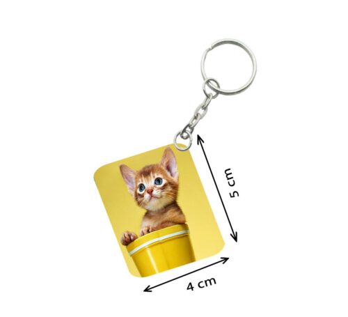 Pack Of 3_ Yellow Cup With Cat One Side Printed Rectangle Designer Keychain (Yellow)