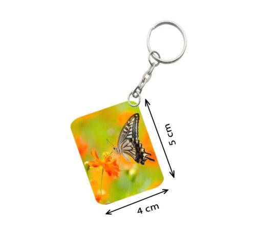 Pack Of 3_ Orange Flower With Butterfly One Side Printed Rectangle Designer Keychain (Orange)