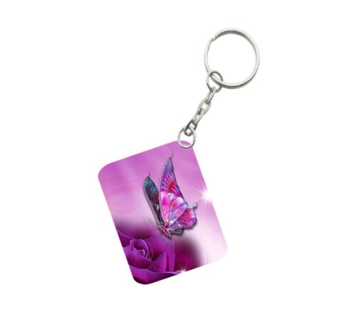 Pack Of 3_ Pink Butterfly One Side Printed Rectangle Designer Keychain (Pink)