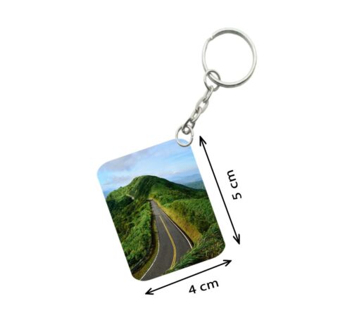 Pack Of 3_ Landscape Mountains Road Green One Side Printed Rectangle Designer Keychain (Green)