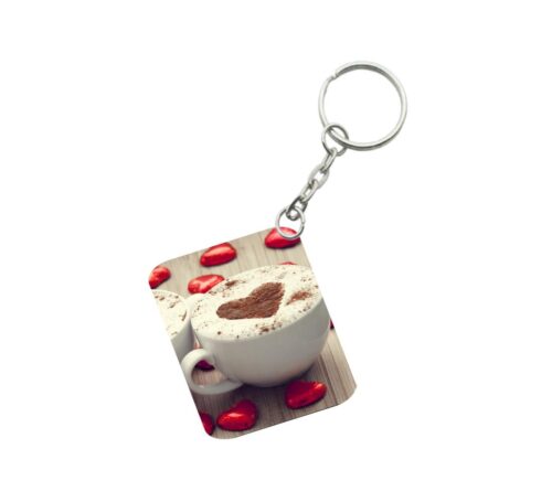 Pack Of 3_ Cup Of Coffee With Heart-Shaped Froth One Side Printed Rectangle Designer Keychain (White)