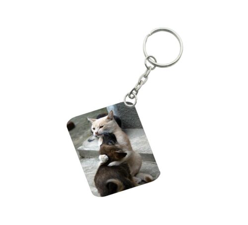 Pack Of 3_ Cat Love One Side Printed Rectangle Designer Keychain (Brown)