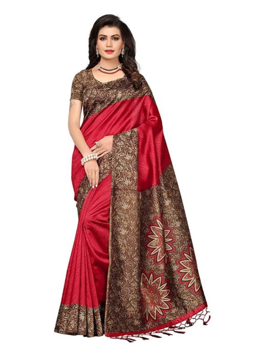 Women’s Art Silk Saree With Blouse (Red, 5-6mtrs)