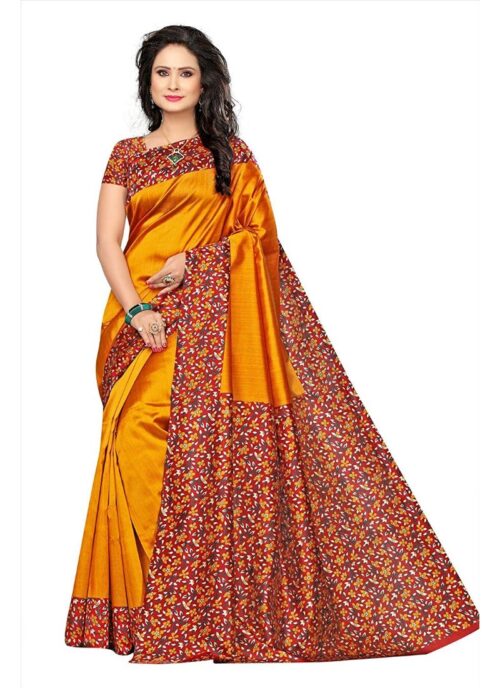 Women’s Art Silk Saree With Blouse (Yellow, 5-6mtrs)