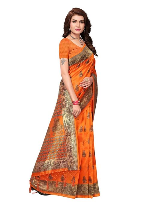 Women's Art Silk Saree With Blouse (Orange, 5-6mtrs) - Image 3