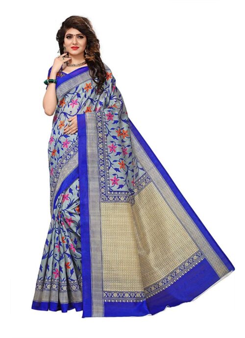 Women’s Art Silk Saree With Blouse (Blue, 5-6mtrs)